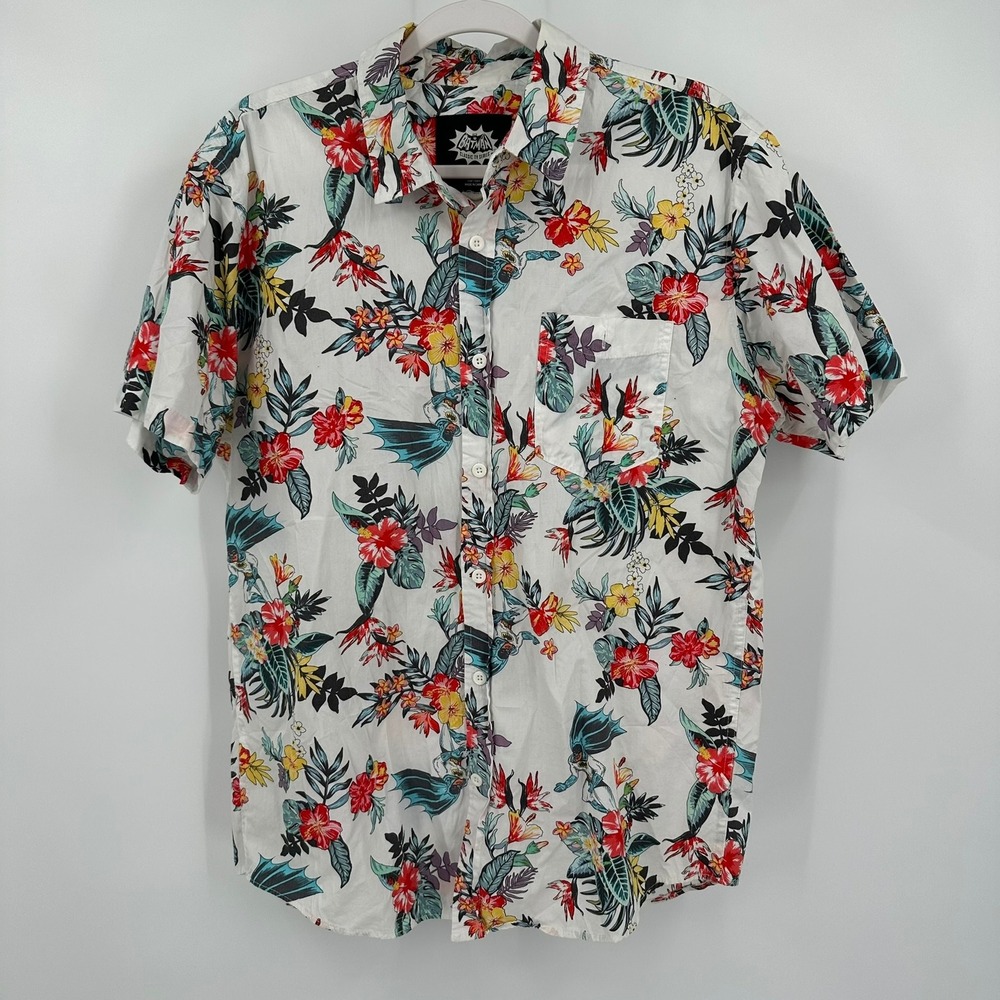 Batman Classic TV Series Men Floral Hawaiian Button Up Shirt Size L Aloha Resort